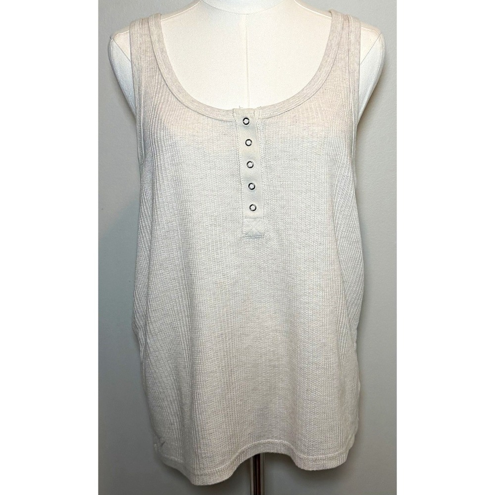 Aerie Beige Waffle Knit Snap Front Henley Scoop Neck Tank Top Women XL Perfect